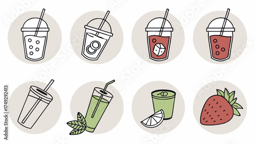Refreshing Summer Drinks Icons for Refreshment, Beverage, and Lifestyle Marketing, Promoting Healthy Hydration and Enjoyment, Perfect for Menus, Social Media, and Web Design