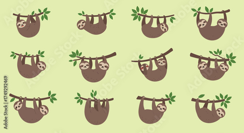 Cartoon sloths hanging from tree branches in a repeating pattern