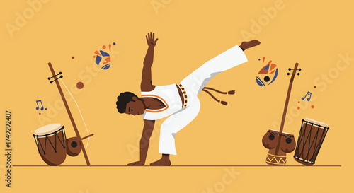 Capoeira practitioner in white uniform performing a move near traditional musical instruments