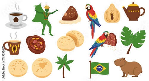 Collection of Brazilian cultural icons including food animals flora and symbols