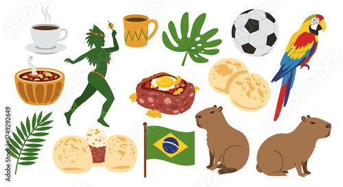 Collection of Brazilian cultural symbols including food animals sports and nature