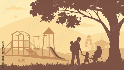 Family Enjoying Sunny Park Day, Kids Playing on Playground, Parents Relaxing Under Tree, Summer Outdoor Recreation, Childhood Memories, Healthy Lifestyle, Community Fun, Weekend Activity,