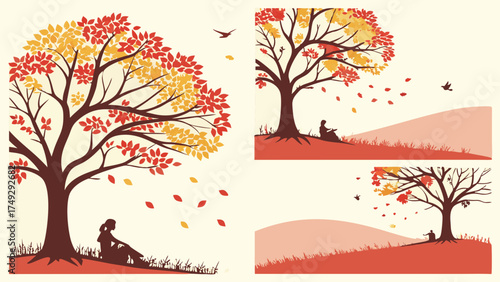 Autumn Serenity: Woman Reading Under Colorful Falling Leaves Tree, Peaceful Outdoor Escape, Cozy Season Vibe, Fall Lifestyle, Nature Break, Relaxing Moment, Autumnal Beauty, Tranquil Scene