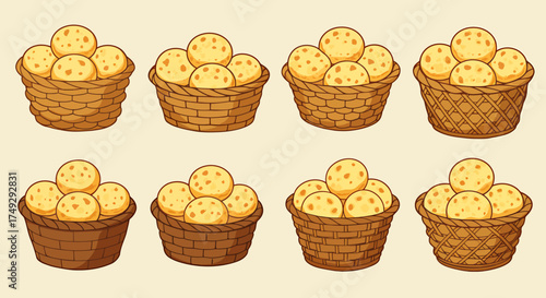 Eight baskets filled with round yellow baked cheese bread rolls on a pale background