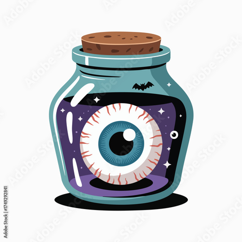 A cartoon jar with a cork holds a floating eyeball in a purple liquid with small stars