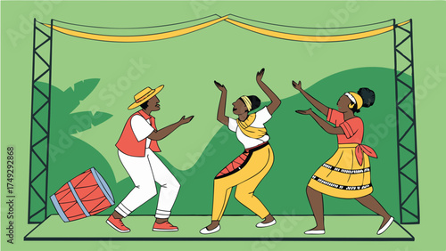 Energetic Caribbean Dancers Perform Lively Festival Music on Stage, Celebrating Culture and Joyful Community Events for Tourism and Entertainment Marketing
