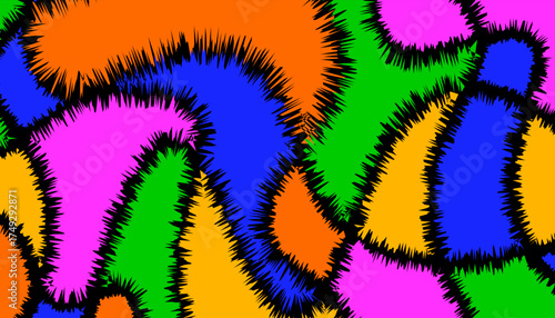 Vibrant Abstract Shaggy Texture Background. Psychedelic and Groovy Seamless Pattern of Interlocking Shapes with Rough, Furry Edges in Blue, Pink, Orange, and Green.