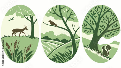 Serene Nature Scenes with Deer, Bird, and Squirrel for Eco-Friendly Branding, Organic Products, and Peaceful Website Design, Evoking Calm and Harmony