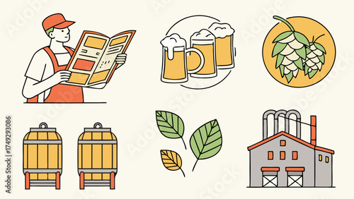 Crafting Beer Brand Identity: Brewer Reviewing Menu, Hops, Barrels, Brewery Factory, Leaf Ingredients for Craft Beer Marketing and Web Design, Fresh Beverage Creation
