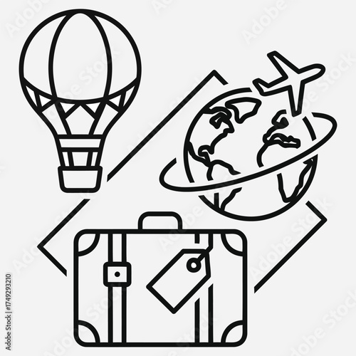 Travel Adventure Explore the World with a Hot Air Balloon, Airplane, Suitcase, and Globe Icon