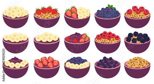 Fifteen purple bowls filled with acai fruit or granola toppings