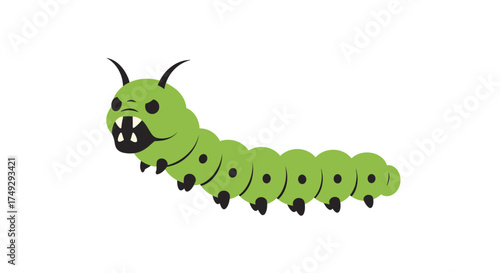 Cartoon Green Caterpillar with Angry Face and Spiked Antennae.