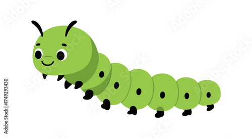 Cute Green Cartoon Caterpillar with Black Spots and Antennae.