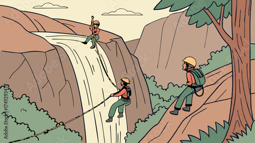 Adventure Team Rappelling Down Waterfall for Extreme Sports Tourism Promotion, Thrilling Outdoor Activity for Adventurous Travelers