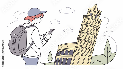Traveler with Backpack and Smartphone Capturing Iconic Leaning Tower Landmark for Social Media Sharing and Vacation Memories