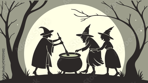 Spooky Witches Brewing Potion in Cauldron Under Full Moon, Mysterious Halloween Night Scene for Spooky Themed Designs, Party Invitations, Website Graphics, and Seasonal Marketing Campaigns