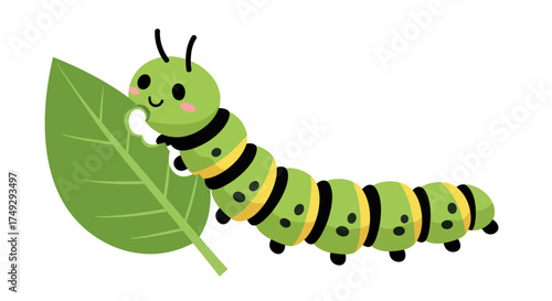 Cute Green Caterpillar Eating a Leaf Illustration.
