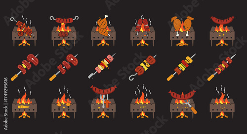 Grid of 15 icons showing various meats and vegetables grilling over open fires