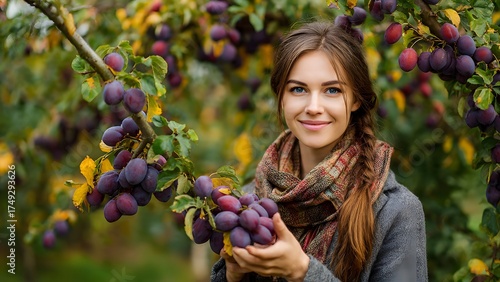 A beautiful young woman smiles while holding a large bunch of ripe purple plums, standing in a sunny autumn orchard during harvest time.