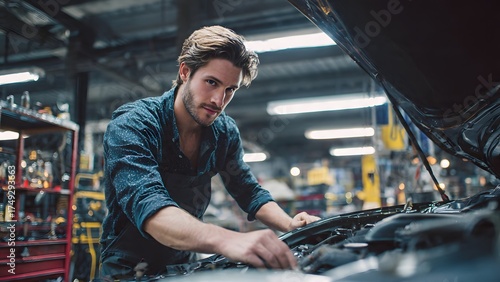 A handsome young professional mechanic with a beard looks directly at the camera while working on a car engine in a modern, brightly lit garage.