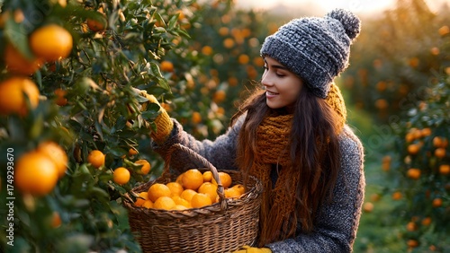 A smiling young woman in a winter hat and scarf is harvesting ripe oranges into a basket in a sunny citrus orchard during the cold season.