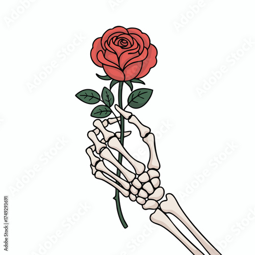 A skeleton hand holds a red rose with green leaves and a stem on a white background