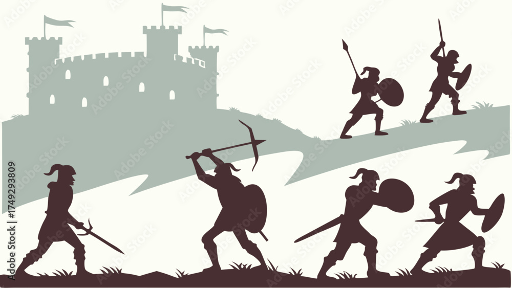 Obraz premium Medieval Knights Battle Fiercely Before Castle Walls, Epic Fantasy War Scene for Game Design, Historical Storytelling, and Themed Events