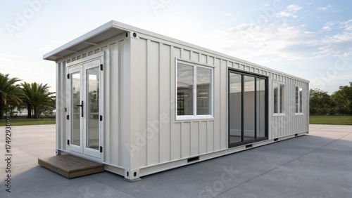 Accessory Dwelling Unit Modern shipping container house with large windows and a minimalist design, set against a clear blue sky.