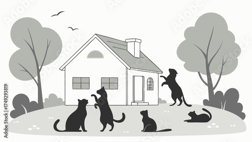 Playful Cats Gather Around Cozy House on Sunny Hillside, Joyful Pet Companionship, Whimsical Outdoor Scene for Lifestyle Blogs, Children's Books, and Home Decor