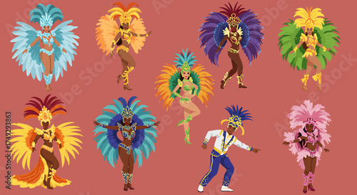 Group of diverse carnival dancers in colorful feathered costumes against a muted pink background