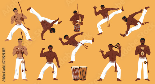 Illustration of diverse male Capoeira practitioners in white pants performing moves and playing instruments against a solid orange background