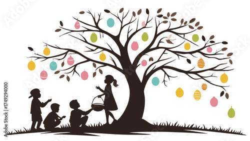 Easter Egg Hunt Joyful Children Gathering Colorful Eggs on Tree for Spring Holiday Celebration, Family Fun, Outdoor Activity, Festive Season, Childhood Memories
