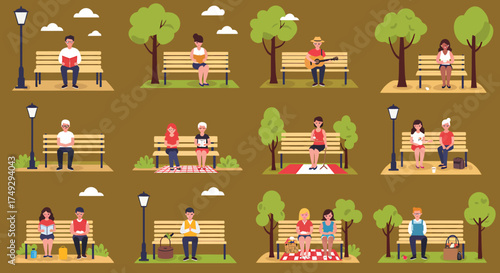 People sitting on park benches with trees lamps and clouds in the background