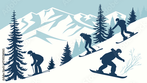 Dynamic Skiers and Snowboarders Racing Down Snowy Mountain Slope for Winter Sports Marketing, Adventure Travel Ads, and Outdoor Lifestyle Content