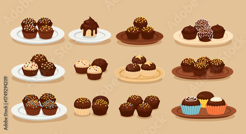 Rows of chocolate truffles and small cupcakes with various toppings on plates