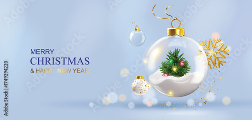 Christmas Glass ball with snow and christmas tree inside. Xmas ornaments decorations transparent ball on golden ribbon, gold glitter confetti. Realistic 3d design. vector illustration