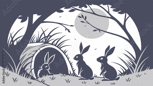 Cozy Rabbit Family in Burrow Under Moonlit Trees, Woodland Nature Scene, Peaceful Evening, Wildlife Illustration for Children's Books, Storytelling, Calm Ambiance