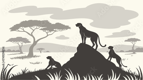 Majestic Panthers Surveying African Savannah Landscape for Wildlife Tourism, Safari Adventure, Nature Documentary, Conservation Campaigns, and Wild Animal Branding