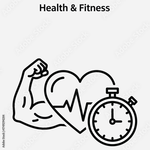 Dynamic health and fitness line icons featuring a strong bicep, heart with pulse, and stopwatch, representing physical strength, cardiovascular health, and workout timing