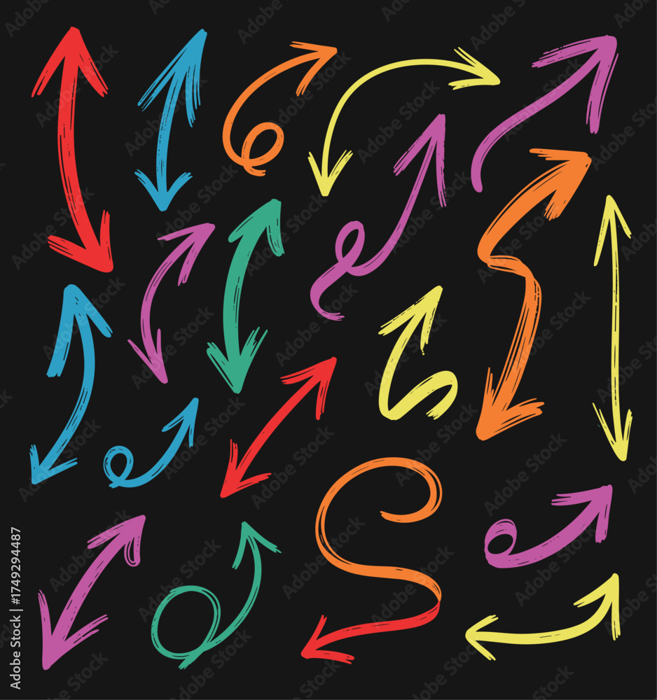 Naklejka premium Vibrant chalk arrows collection showing multiple directions and colorful designs on a dark surface