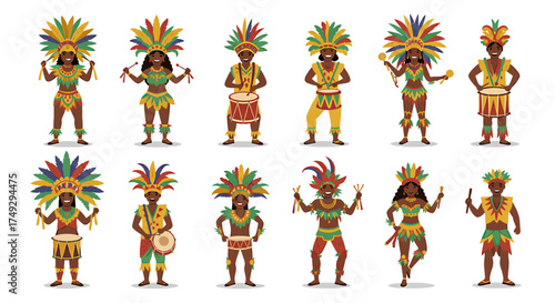 Ten illustrated figures in colorful feathered carnival costumes holding drums or rhythm instruments