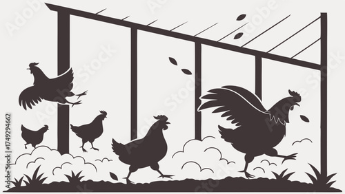 Rooster Leading Hens in Farmyard Dust Cloud, Rural Agriculture, Livestock Farming, Countryside Life, Natural Organic Food Production, Vibrant Farm Scene, Dynamic Motion, Outdoor Activity,