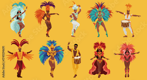 Ten stylized figures in vibrant carnival costumes against a solid yellow background