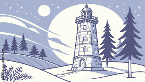 Guiding Light Beacon on Snowy Hillside Under Moonlit Sky Inspiring Hope and Safety for Coastal Navigation and Winter Travel Adventures