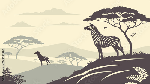 Majestic Zebra Grazing on African Savannah Hilltop Under Acacia Tree, Inspiring Wildlife Tourism and Safari Adventure Marketing