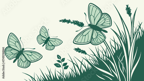 Butterflies Fluttering Over Green Grass and Wildflowers, Symbolizing Growth, Transformation, and Nature's Beauty for Spring and Summer Marketing, Web Design, and Eco-Friendly Brands