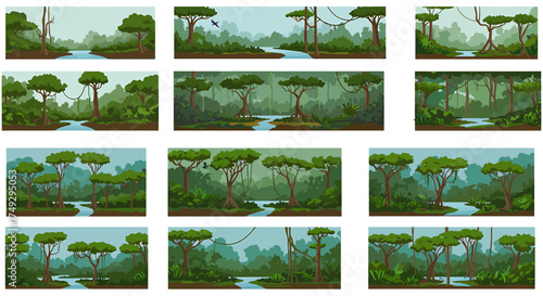 Twelve varied horizontal jungle river scenes with lush green vegetation and trees