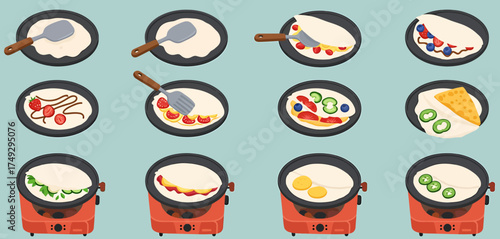 Twelvestep illustration of making savory and sweet crepes on a griddle