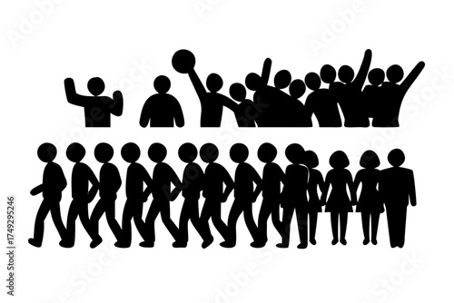 Silhouette illustration of a group of people marching and cheering