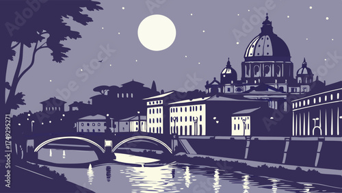 Moonlit Rome cityscape with Tiber River and bridge, inspiring travel, romance, and architectural design for tourism brochures, websites, and art prints.